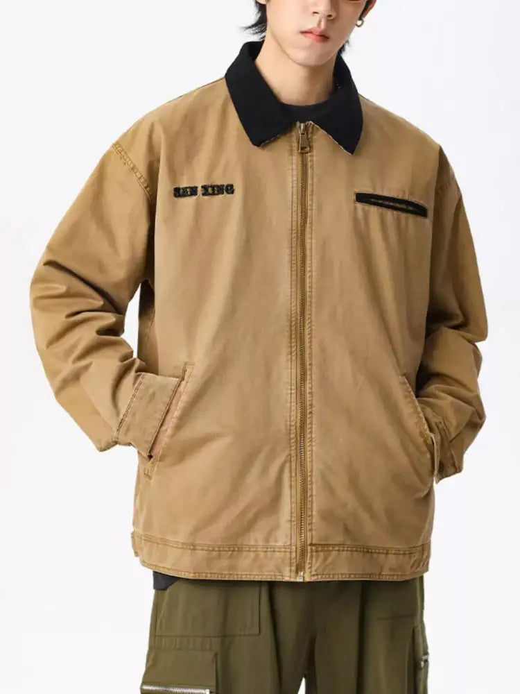 Men’s Plus Size Vintage Zipper Front Jacket with Contrast Collar
