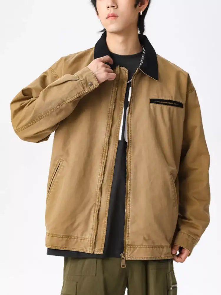 Men’s Plus Size Vintage Zipper Front Jacket with Contrast Collar
