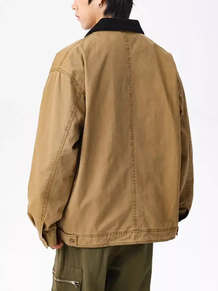 Men’s Plus Size Vintage Zipper Front Jacket with Contrast Collar