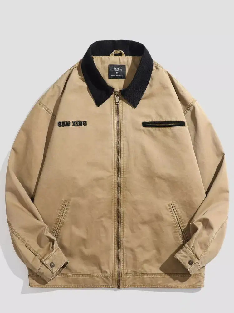 Men’s Plus Size Vintage Zipper Front Jacket with Contrast Collar