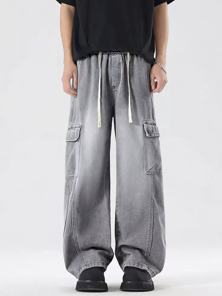 Men’s Plus Size Wash Wide Leg Cargo Jeans