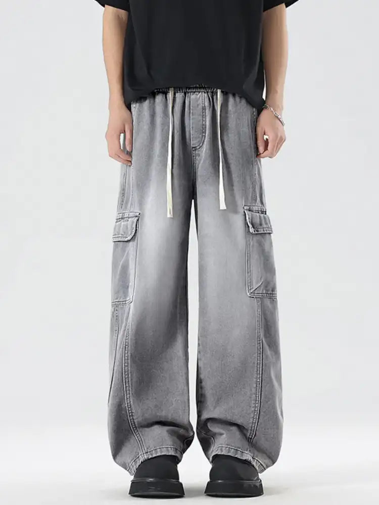 Men’s Plus Size Wash Wide Leg Cargo Jeans