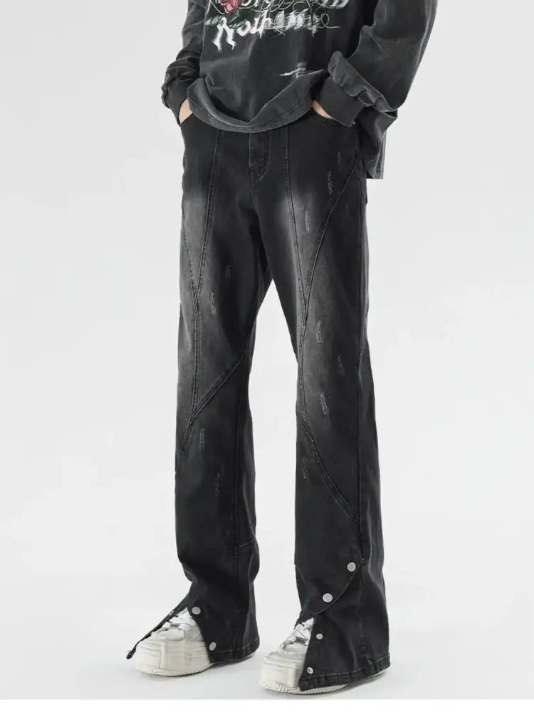 Men’s Plus Size Washed Flare Jeans with Snap-Down Hem