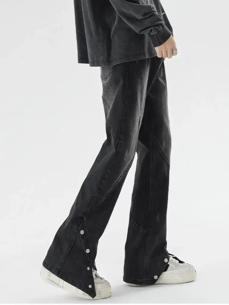 Men’s Plus Size Washed Flare Jeans with Snap-Down Hem