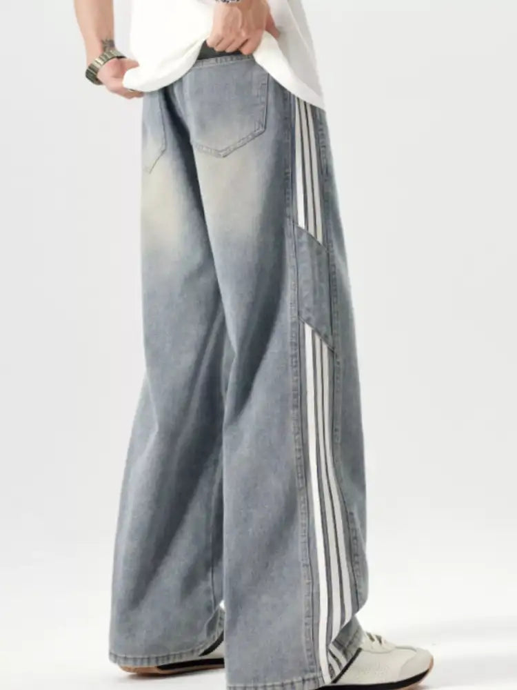 Men’s Plus Size Washed Side Stripe Wide Leg Jeans
