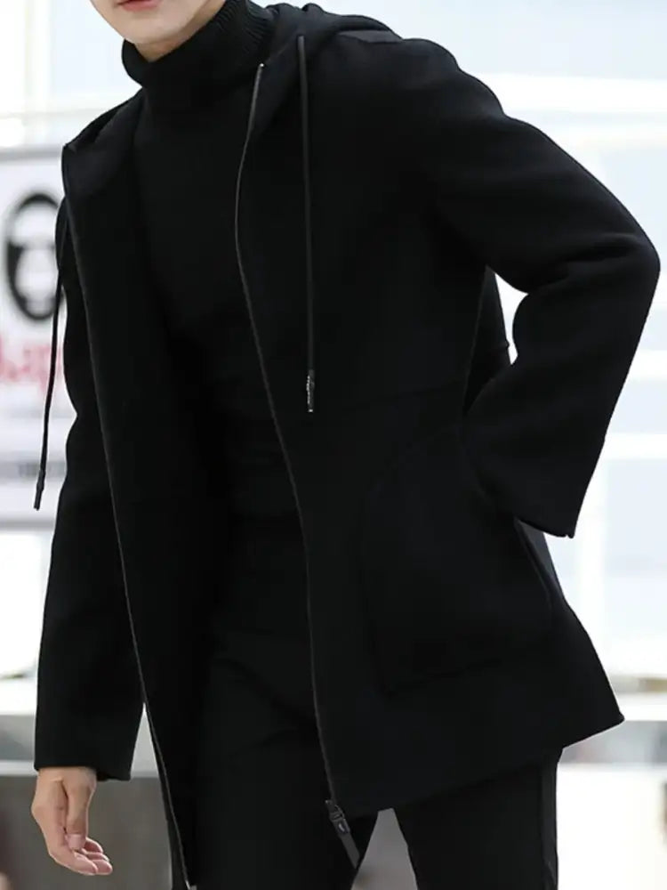 Men’s Plus Size Zip Up Drawstring Hooded Wool Coat