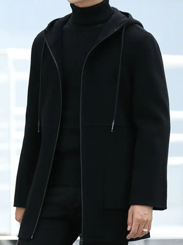 Men’s Plus Size Zip Up Drawstring Hooded Wool Coat