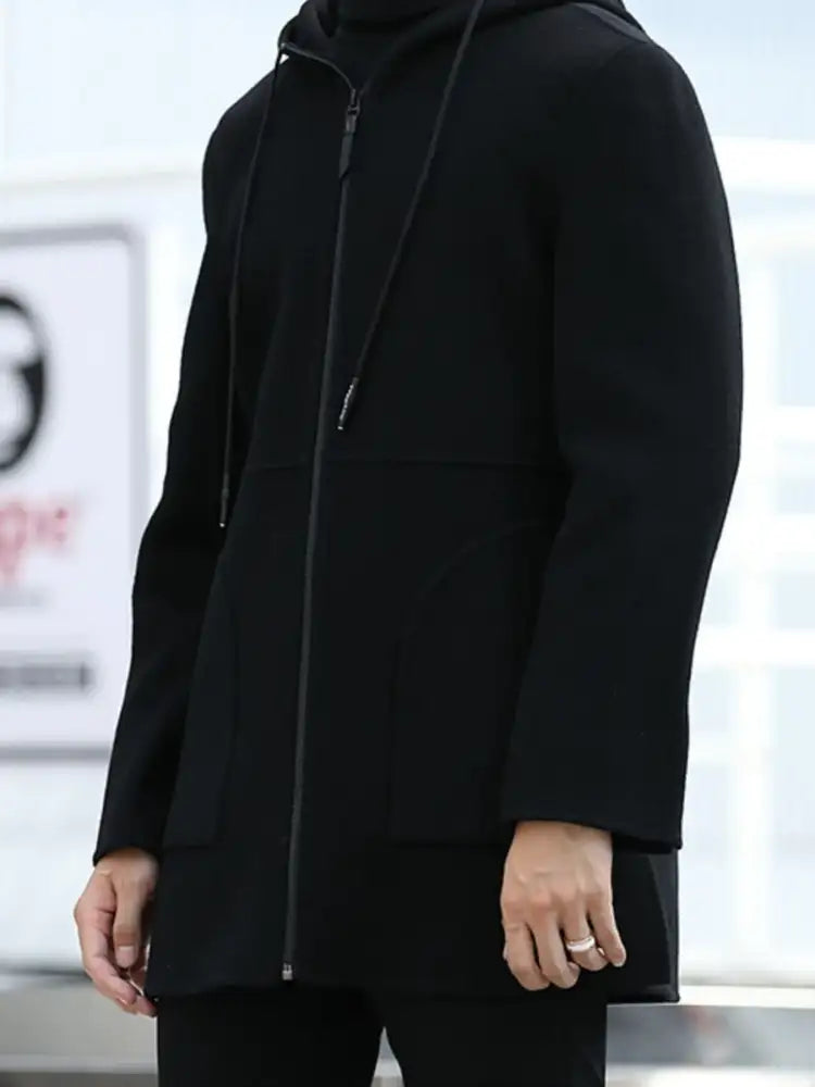 Men’s Plus Size Zip Up Drawstring Hooded Wool Coat