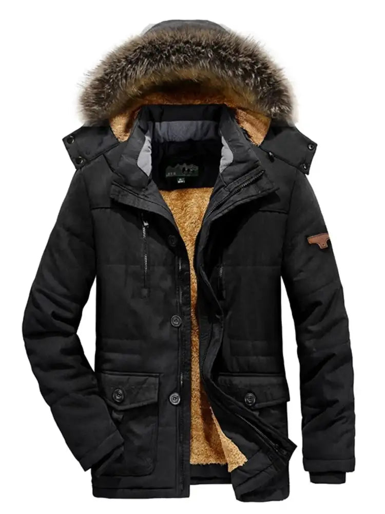 Men’s Plus Size Zip Up Long Sleeve Puffer Coat with Faux Fur Hood