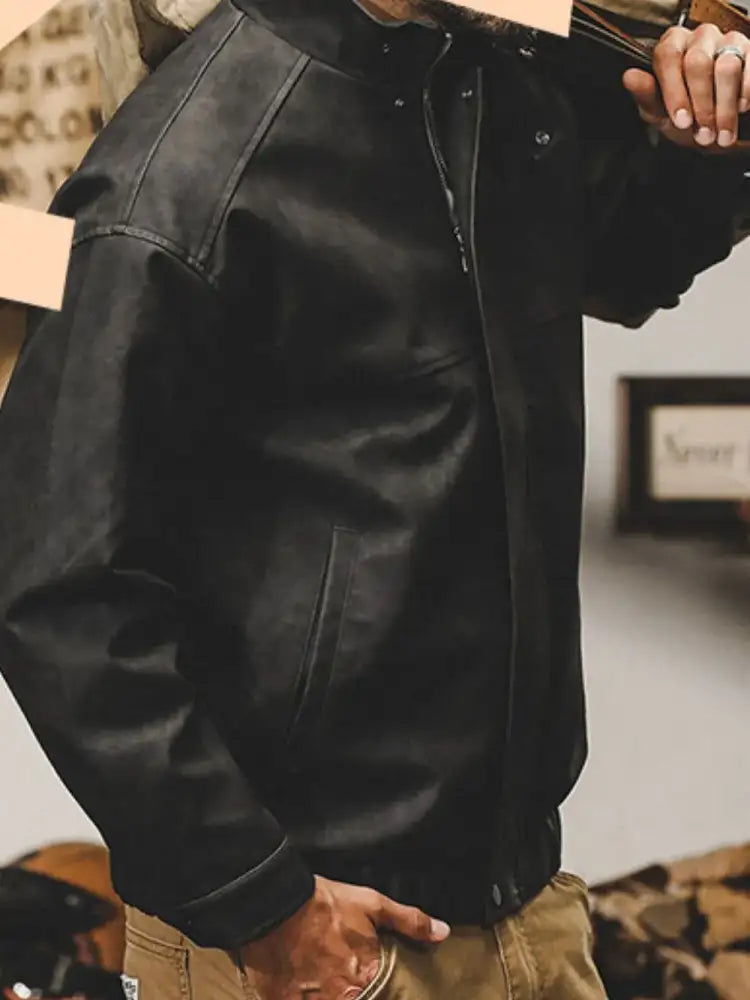 Men’s Plus Size Zip Up Stand Collar Biker Jacket