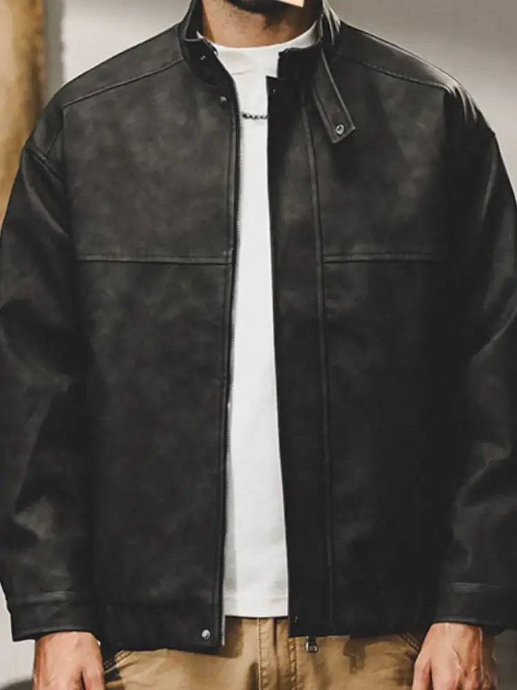 Men’s Plus Size Zip Up Stand Collar Biker Jacket