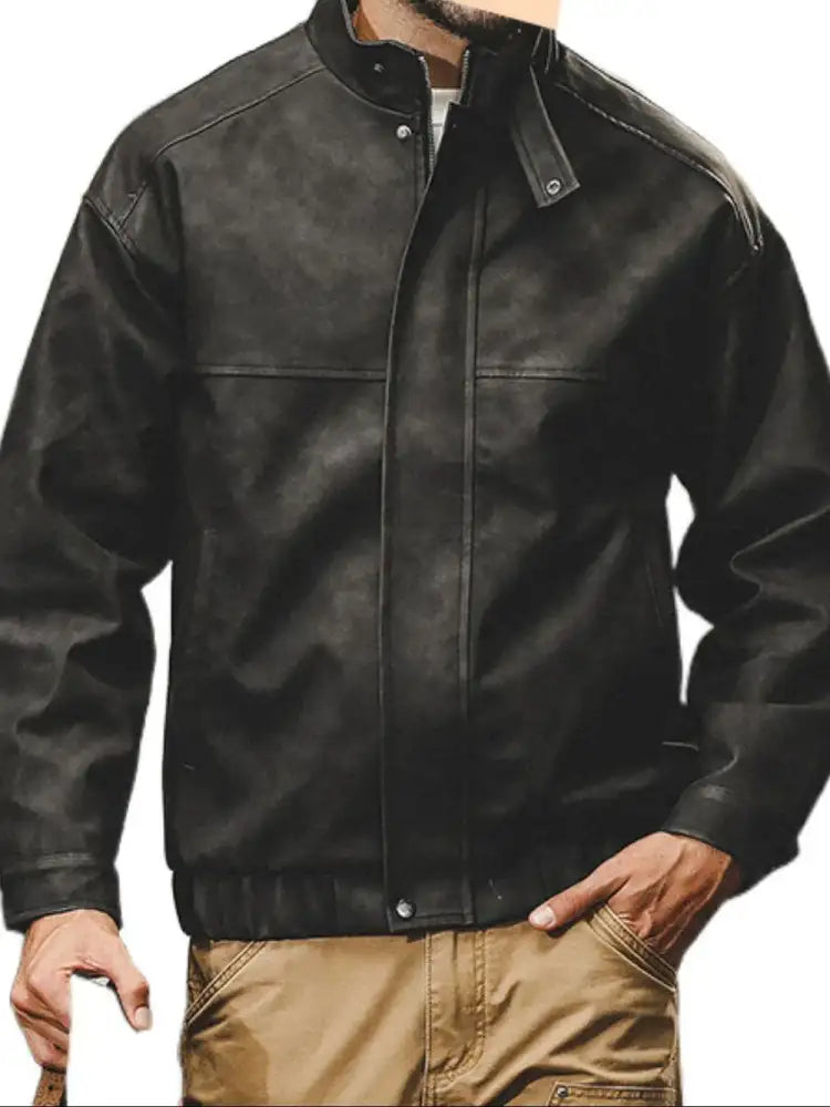 Men’s Plus Size Zip Up Stand Collar Biker Jacket