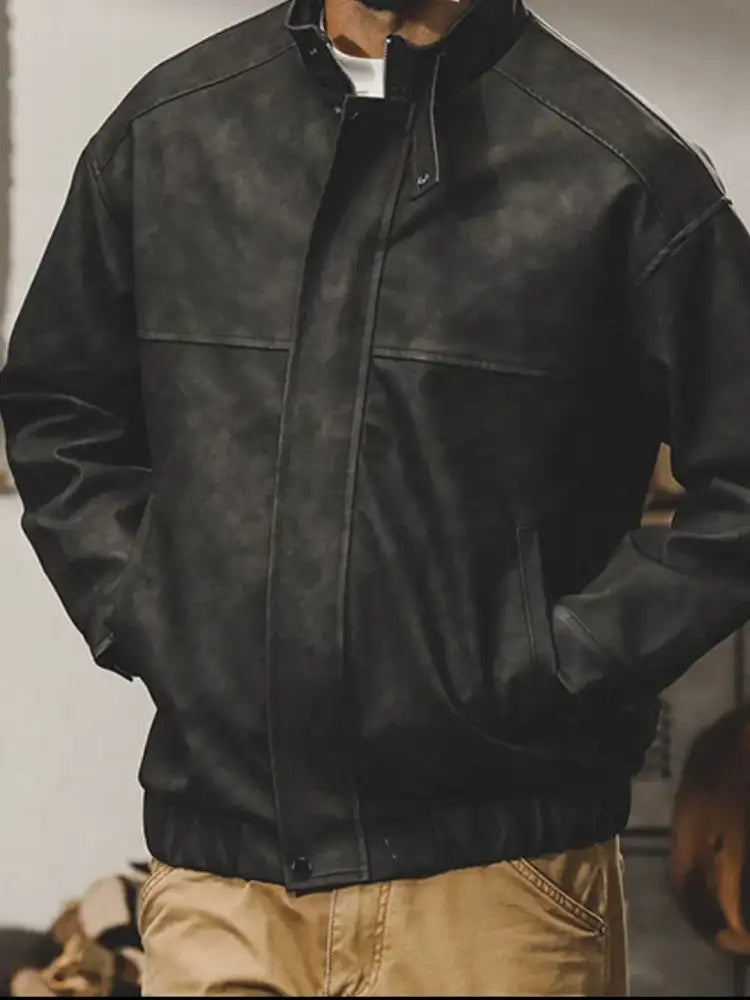 Men’s Plus Size Zip Up Stand Collar Biker Jacket