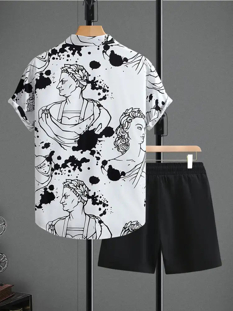 Men’s Printed Button Up Shirt and Shorts Set - white black short sleeve shirt