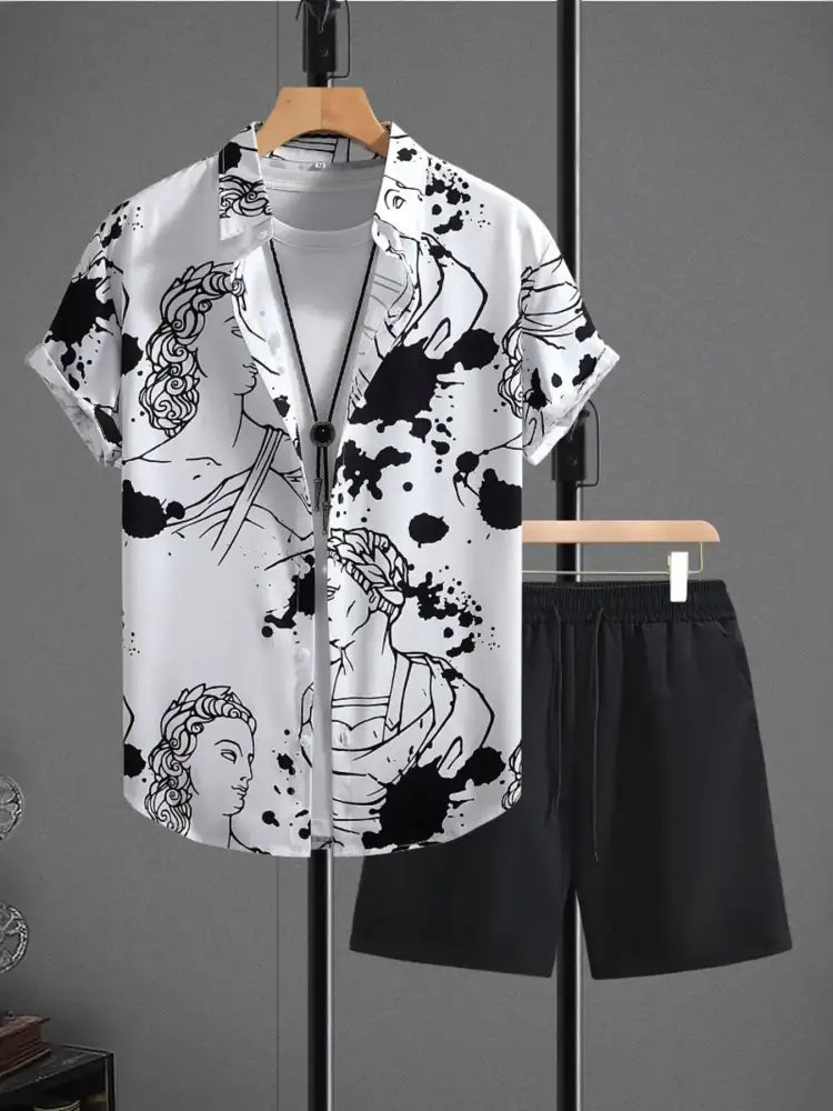 Men’s Printed Button Up Shirt and Shorts Set - white black abstract art print