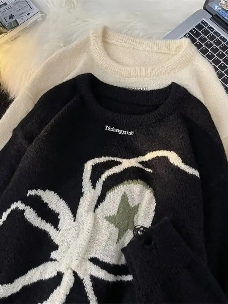 Men’s Spider Graphic Distressed Hem Sweater