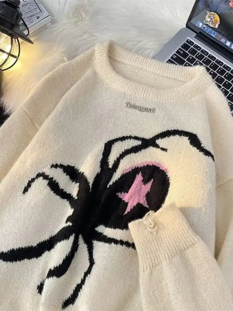 Men’s Spider Graphic Distressed Hem Sweater