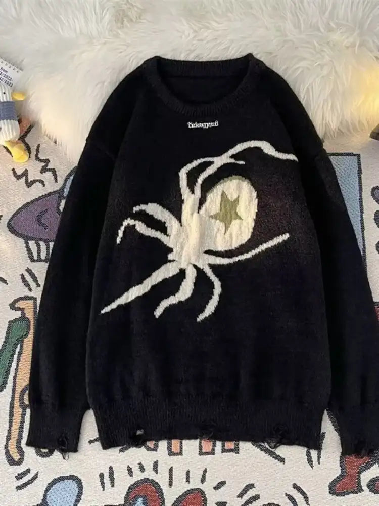 Men’s Spider Graphic Distressed Hem Sweater