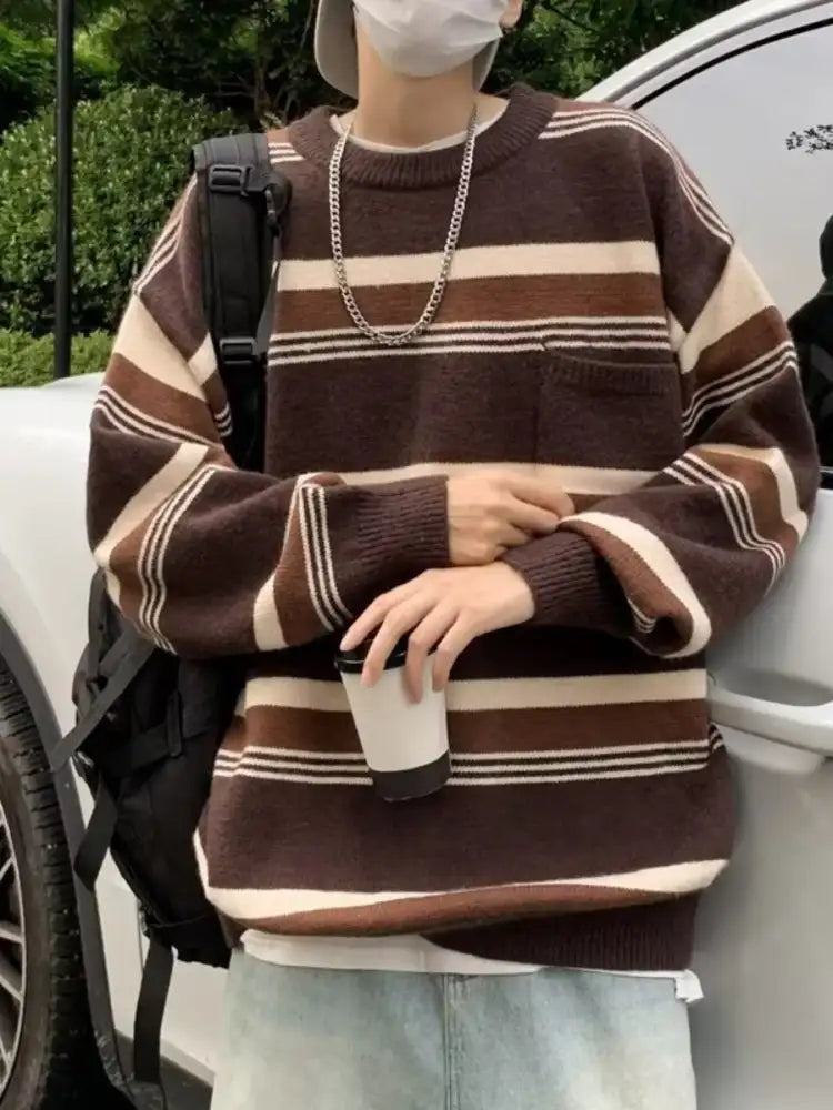 Men’s Striped Knit Dropped Shoulder Sweater