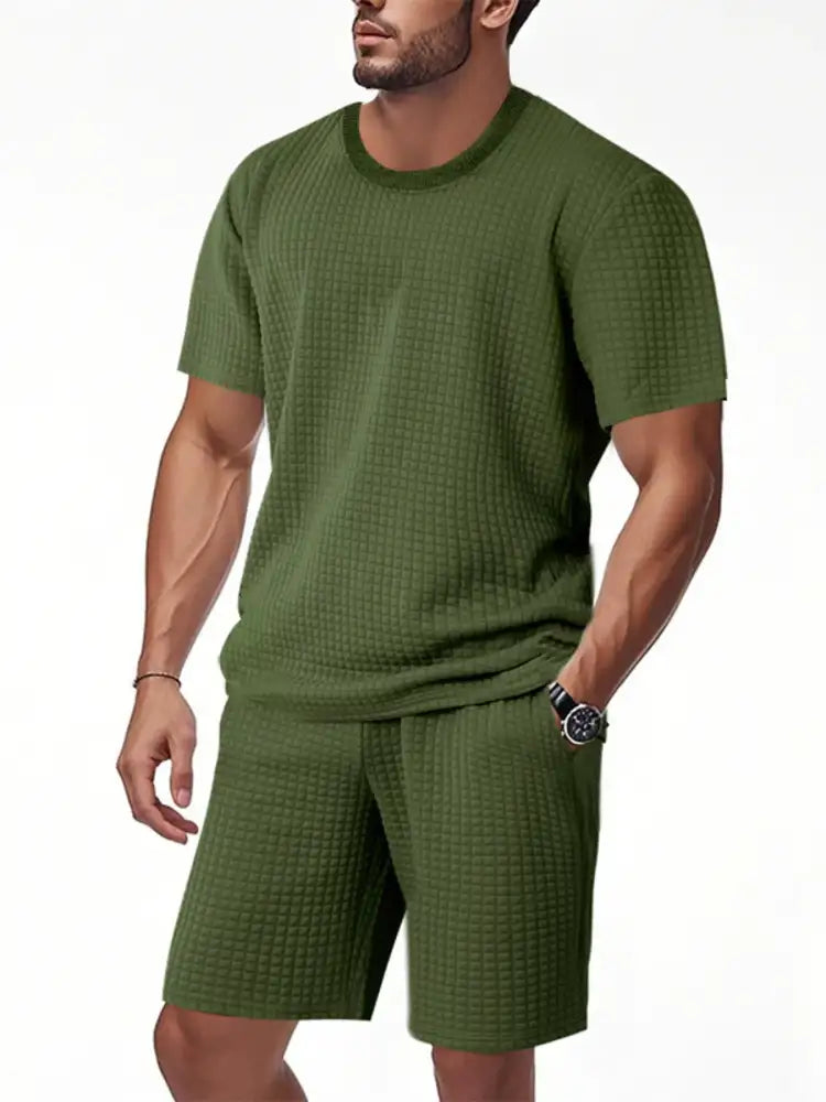 Men’s Textured Round Neck Top and Shorts Set - Green | olive green textured shorts t-shirt