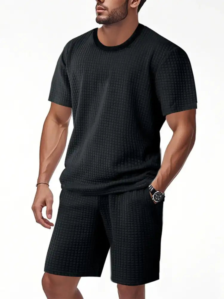 Men’s Textured Round Neck Top and Shorts Set - Green | black textured athletic shorts ribbed