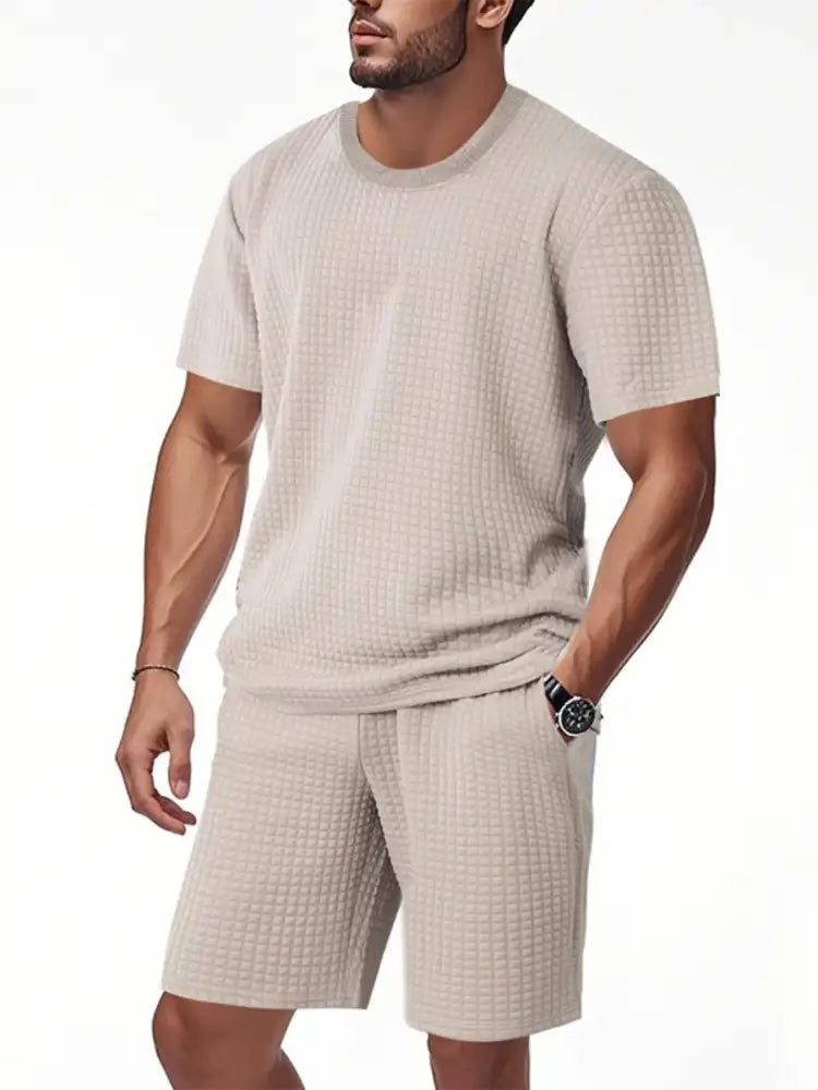 Men’s Textured Round Neck Top and Shorts Set - Green | beige textured shorts waffle pattern