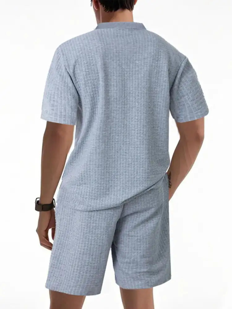 Men’s Textured Round Neck Top and Shorts Set - Green | blue white checkered shorts woven