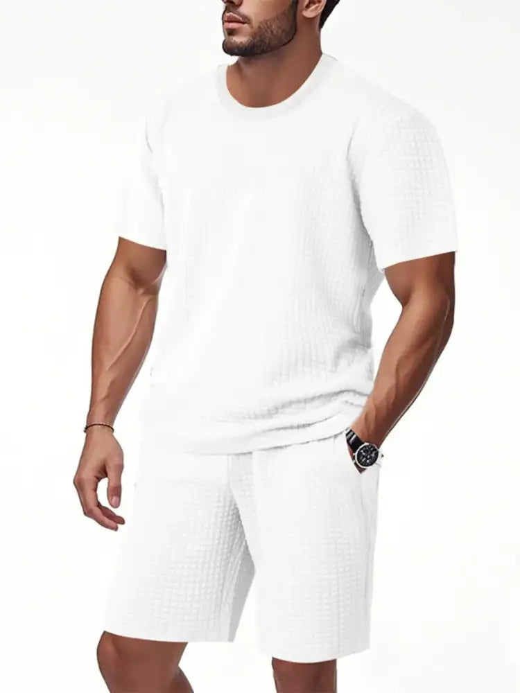 Men’s Textured Round Neck Top and Shorts Set - Green | white short-sleeved t-shirt ribbed texture