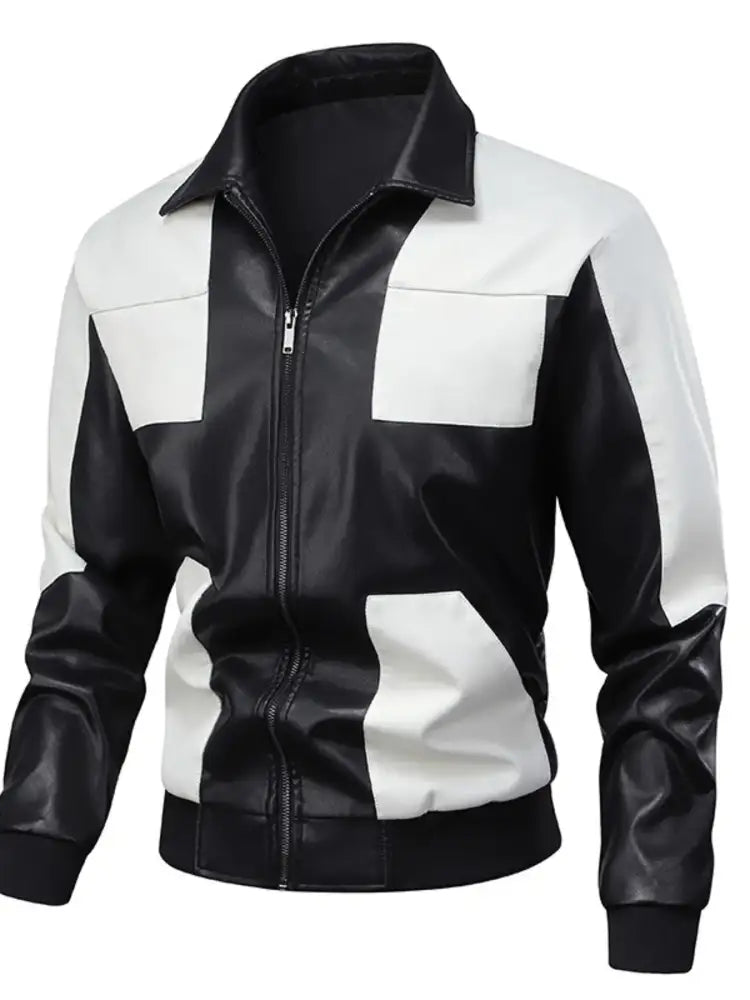 Men’s Two-Tone Leather Bomber Jacket with Zip Front