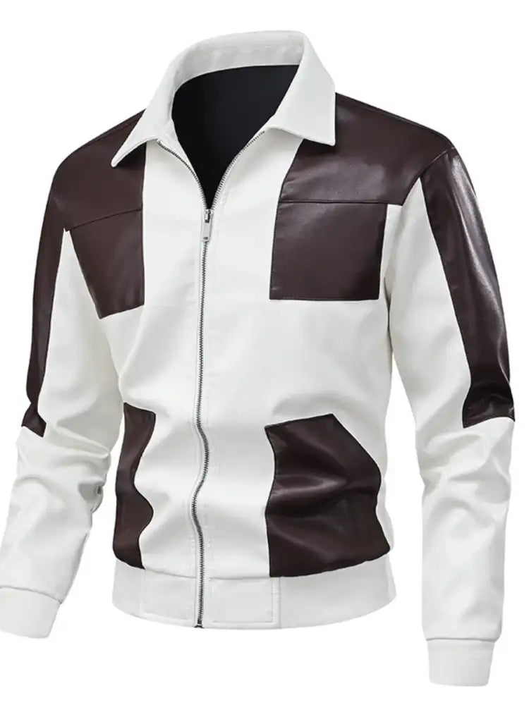Men’s Two-Tone Leather Bomber Jacket with Zip Front