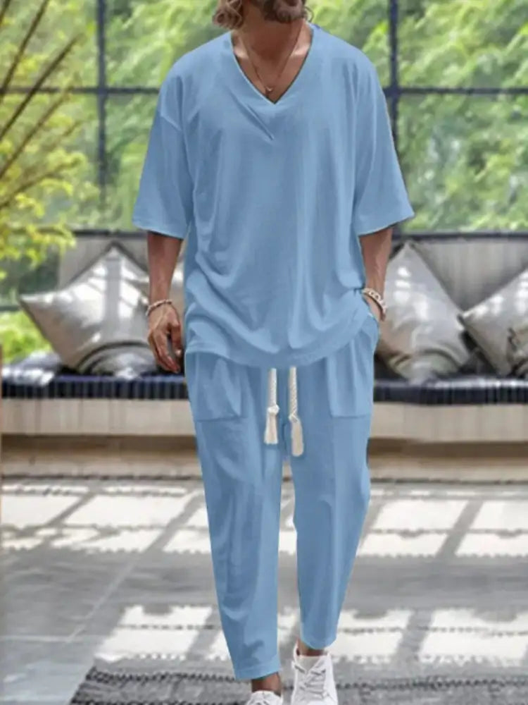 Men’s V-Neck Half Sleeve Top and Pants Set