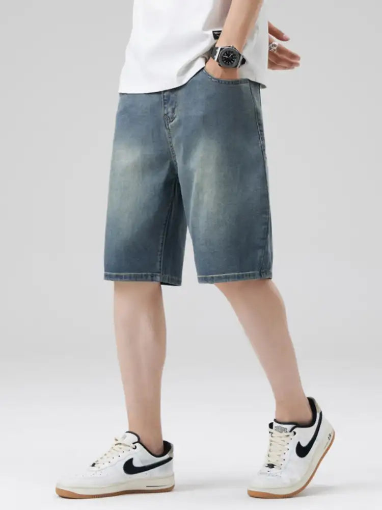 Men’s Washed Denim Shorts with Pockets