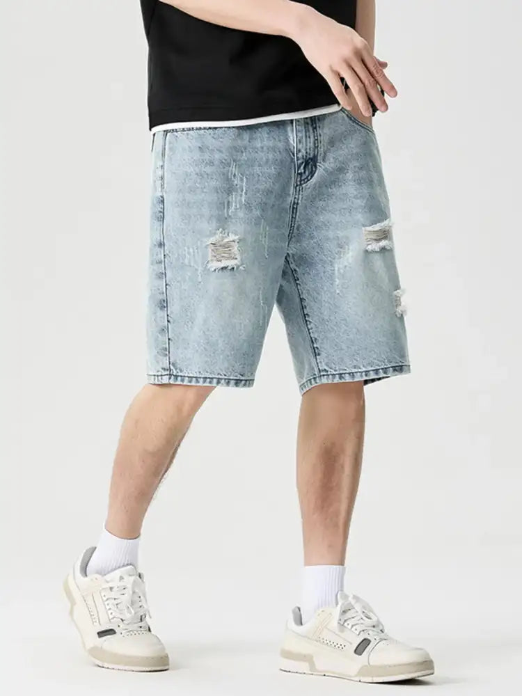 Men’s Wide Leg Distressed Denim Shorts