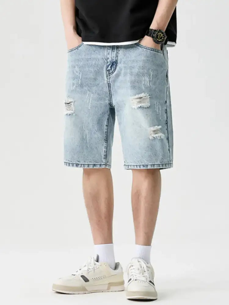 Men’s Wide Leg Distressed Denim Shorts