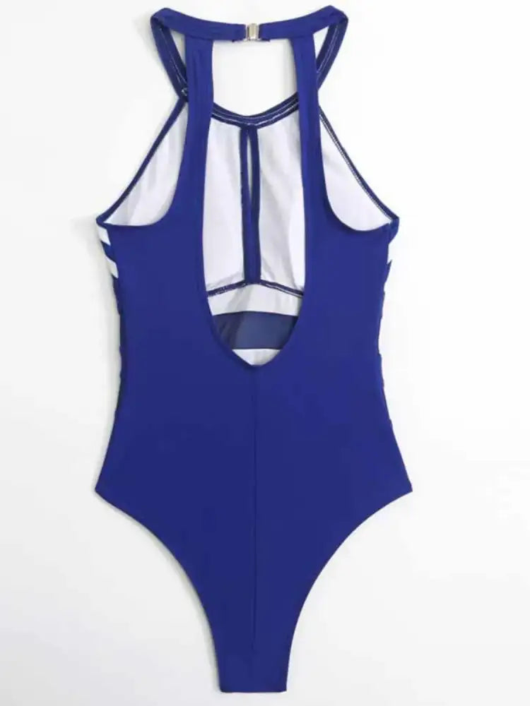 Mesh Detail Backless Striped One-Piece Swimsuit