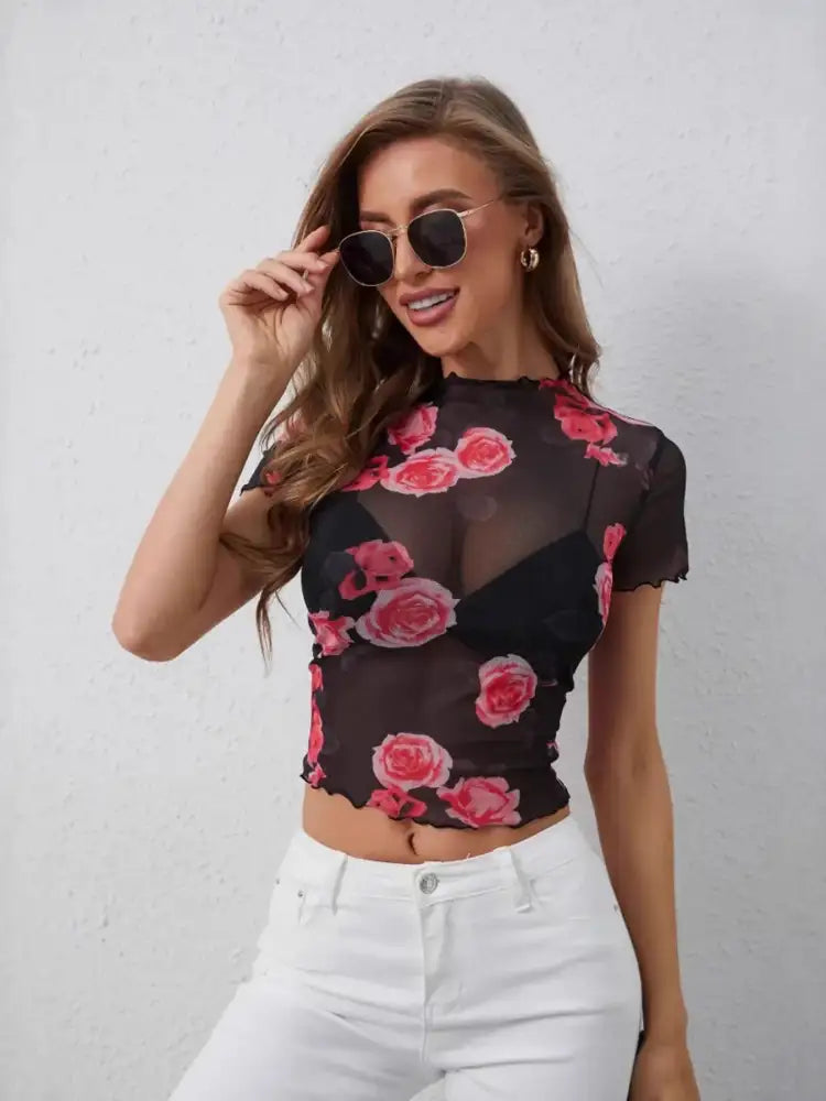 Mesh Rose Print Fitted T-Shirt