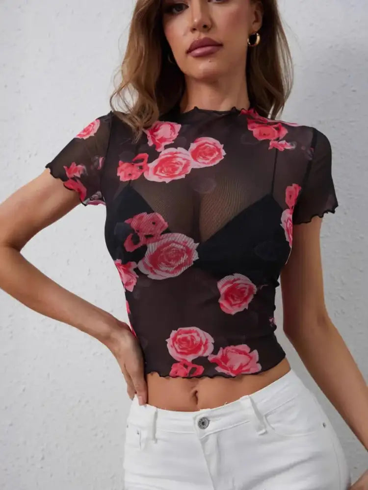 Mesh Rose Print Fitted T-Shirt