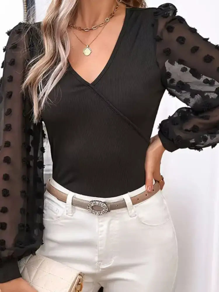Mesh Sleeve Ribbed V-Neck Top