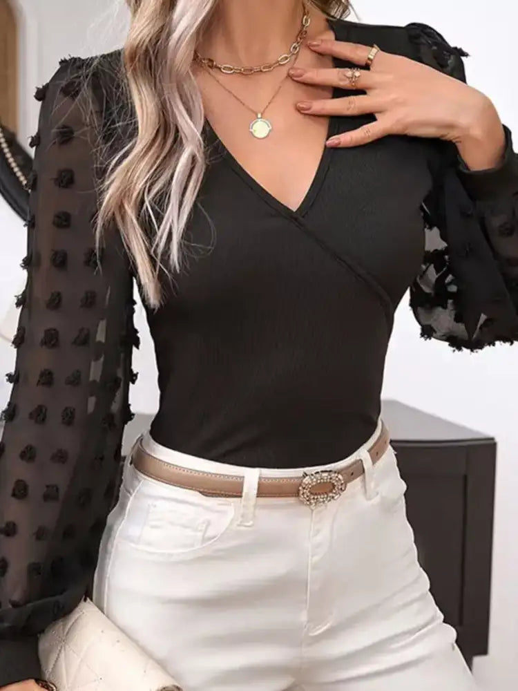 Mesh Sleeve Ribbed V-Neck Top
