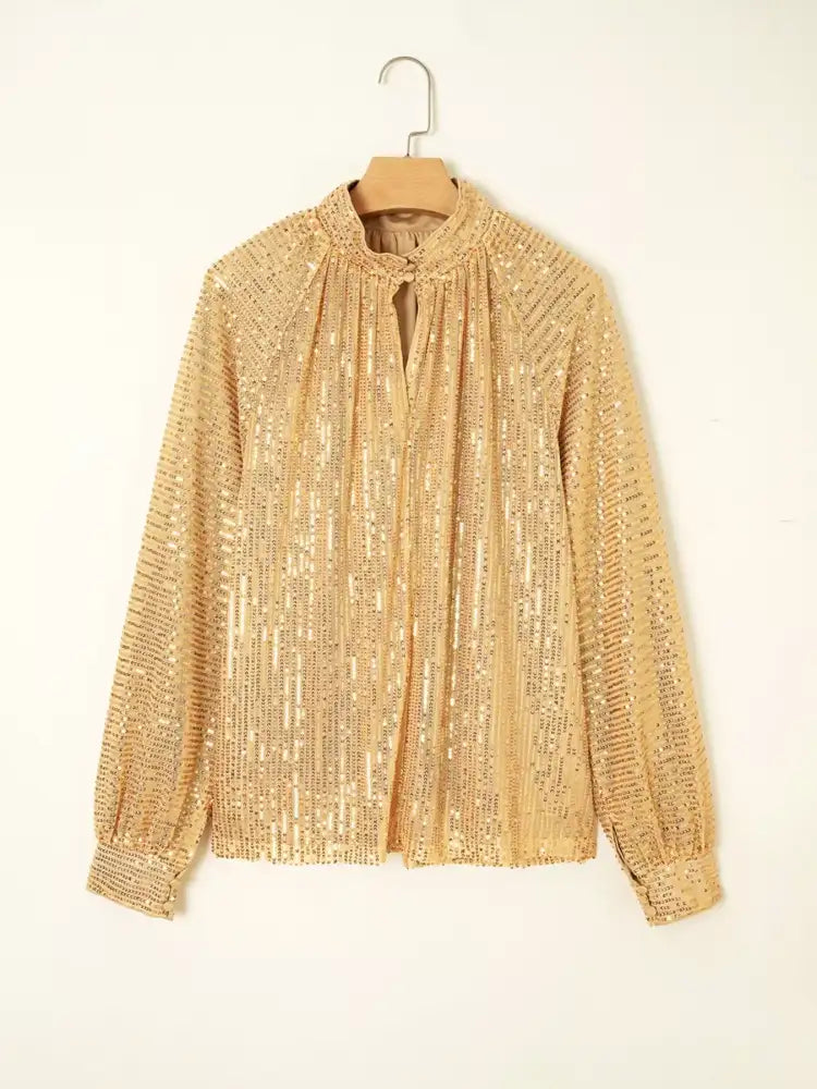 Metallic Balloon Sleeve Buttoned High Neck Loose Blouse