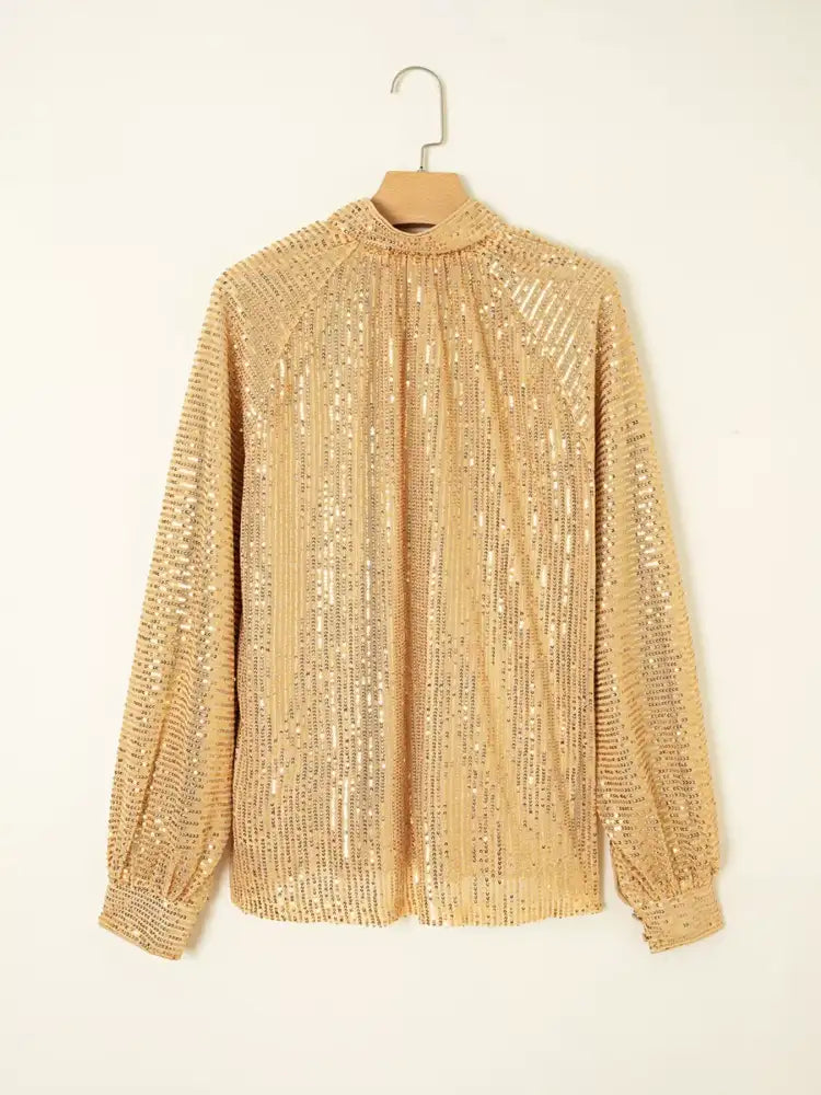 Metallic Balloon Sleeve Buttoned High Neck Loose Blouse