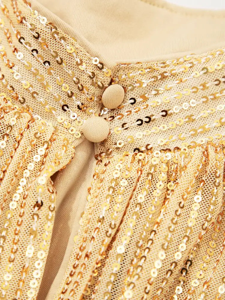 Metallic Balloon Sleeve Buttoned High Neck Loose Blouse