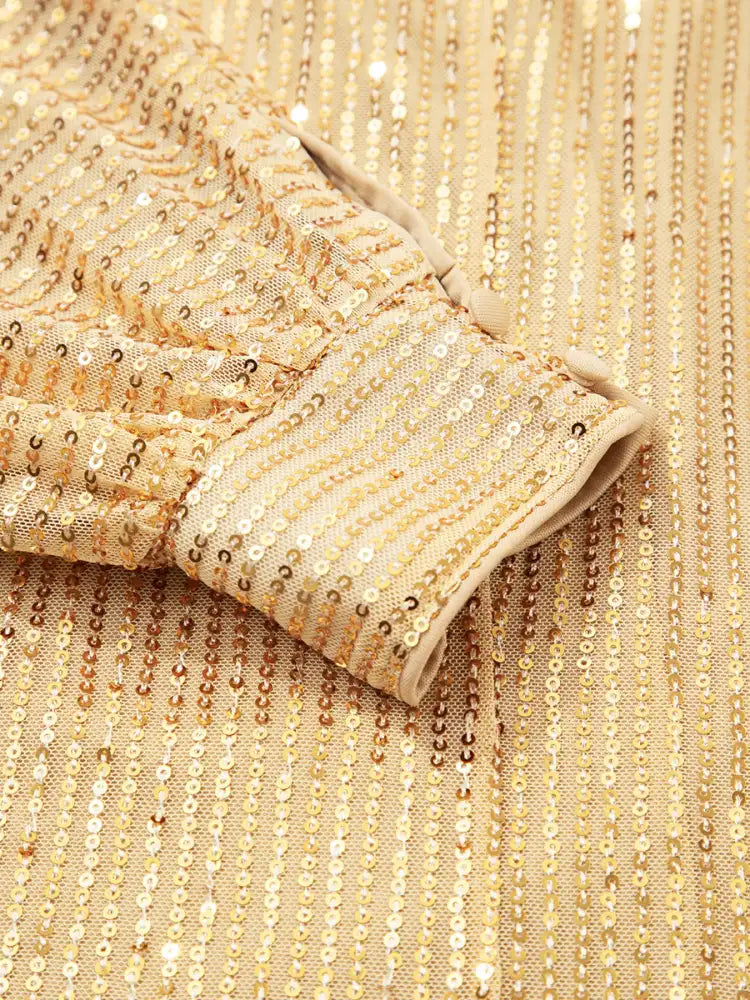 Metallic Balloon Sleeve Buttoned High Neck Loose Blouse