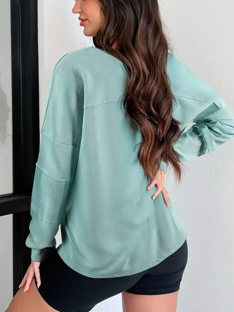 Mineral Wash Exposed Seam Buttoned V Neck Top