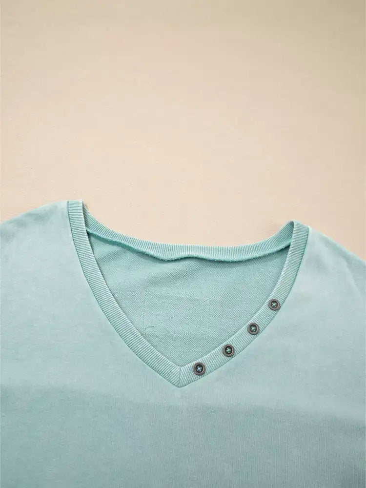 Mineral Wash Exposed Seam Buttoned V Neck Top