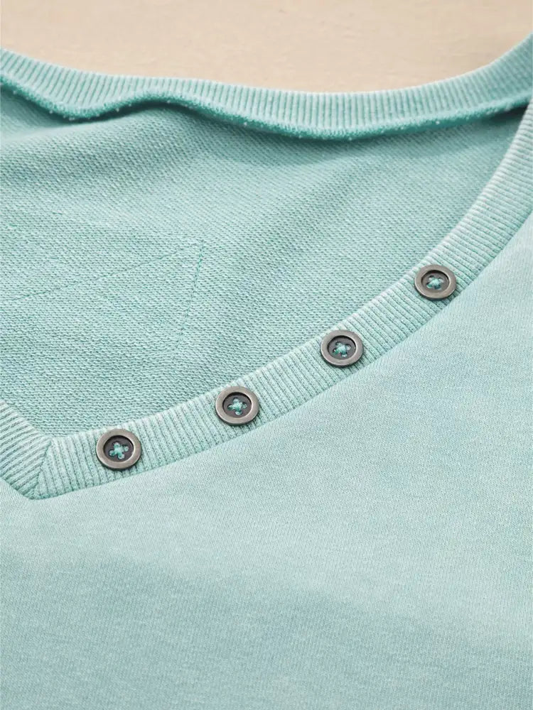 Mineral Wash Exposed Seam Buttoned V Neck Top