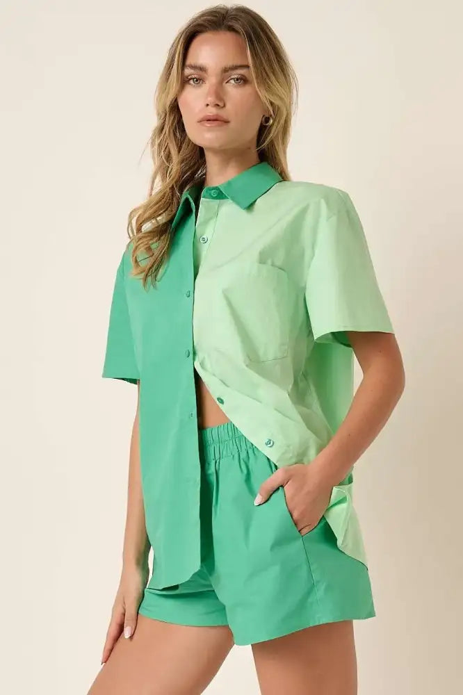 Mittoshop Color Block Short Sleeve Shirt and Shorts Set