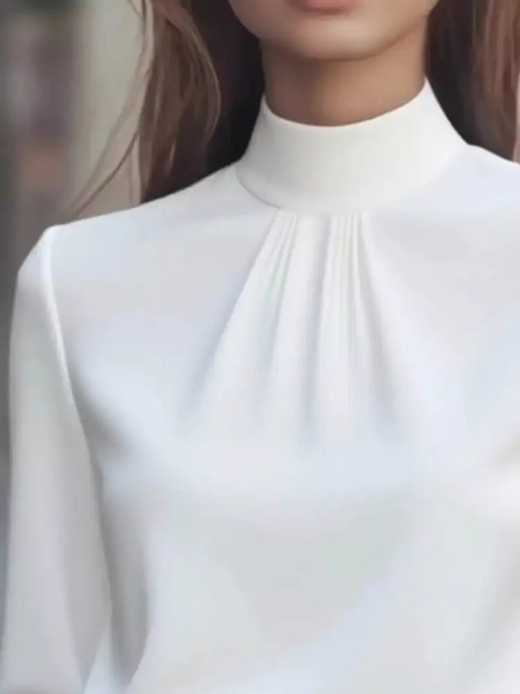 Mock Neck Long Sleeve Blouse with Pleated Detail