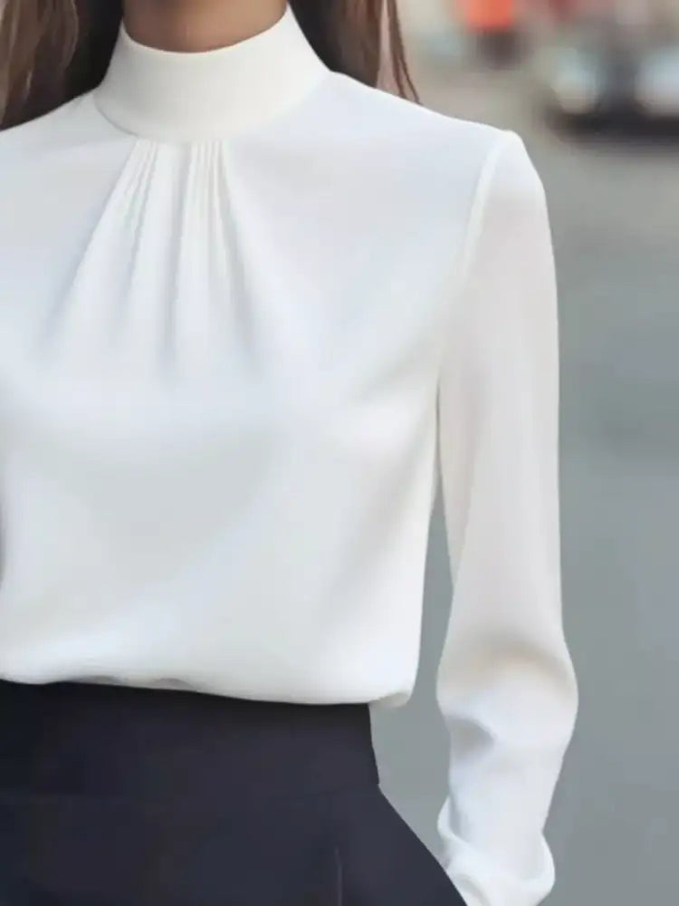 Mock Neck Long Sleeve Blouse with Pleated Detail