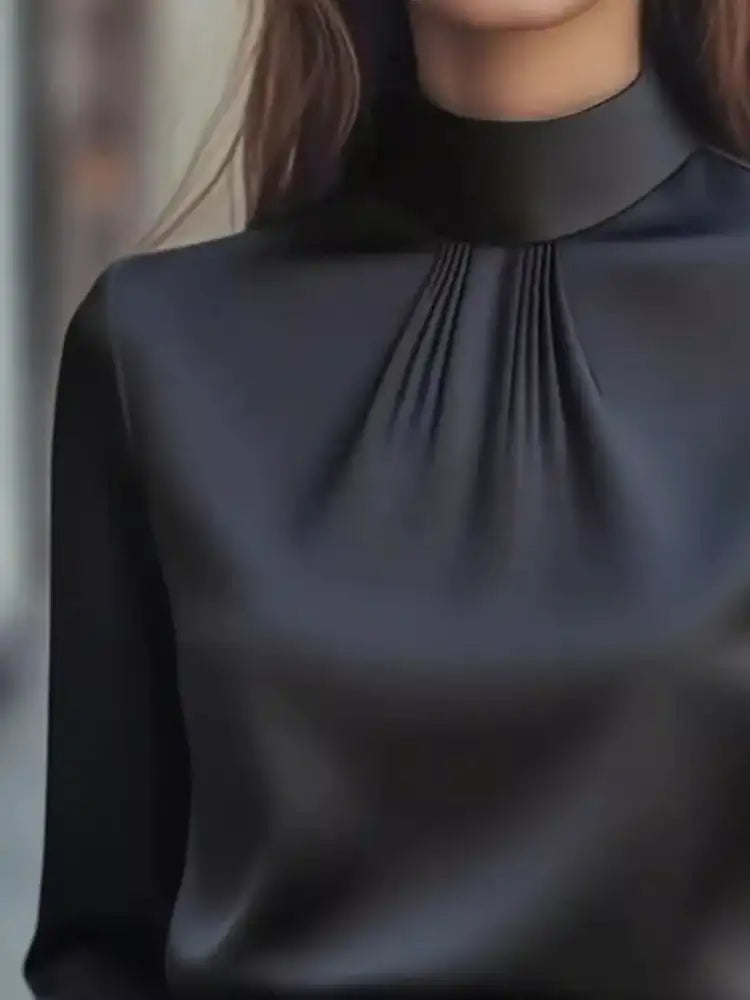 Mock Neck Long Sleeve Blouse with Pleated Detail